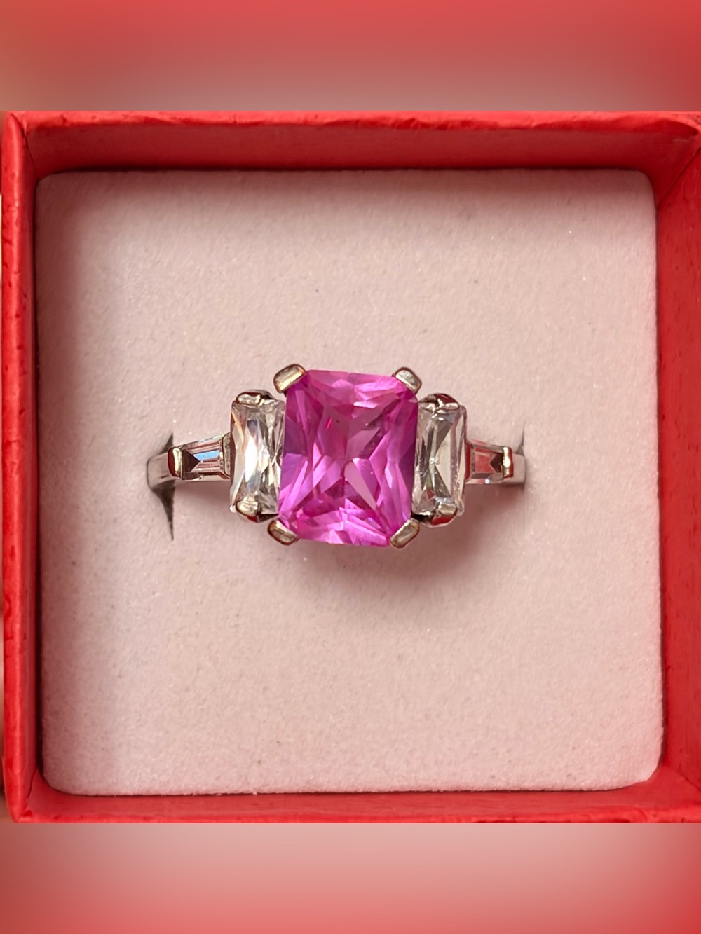 Silver Tone Ring with Pink Cushion-Cut Center Stone